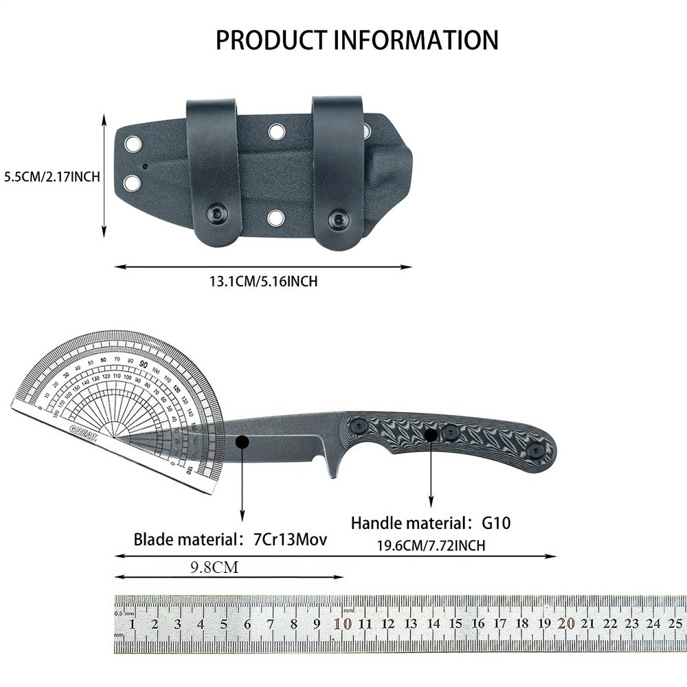 Everyday Carry (Edc) Knife - Full-Tang-Messer mit feststehender Klinge, 7Cr13MoV-Stahl, EDC-Geradmesser,